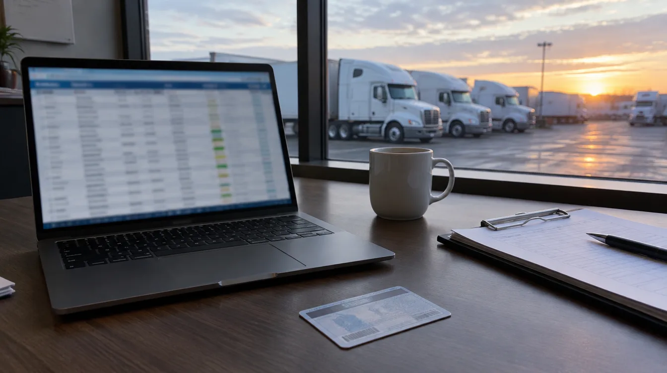Laptop showing a driver record database beside a commercial driver license card, with tractor-trailers parked in a fleet yard at sunrise