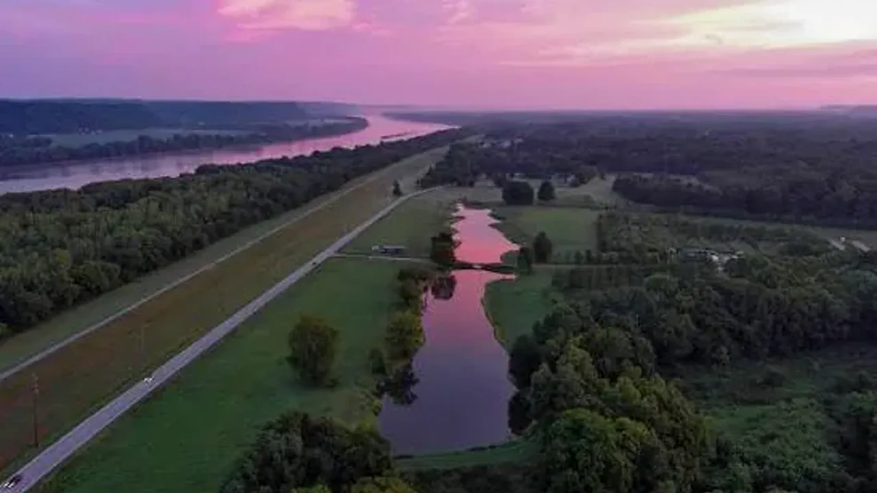 Aerial view of the Ohio River and levee near Valley Station Kentucky at dawn