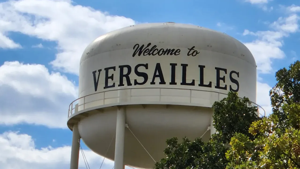 Aerial view of Versailles, Kentucky, with rolling Bluegrass countryside