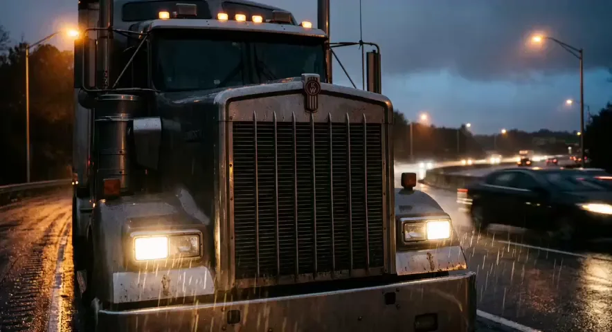 Semi-truck driving a wet highway at dusk in the rain with its headlights on